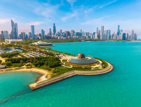 Aerial View of Adler Planetarium and Chicago Skyline on Museum Campus