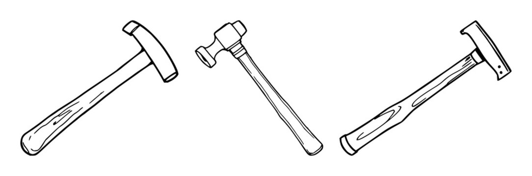 Hammer set with black line art layout on white background featuring hammer, tool, construction with manual labor and precision