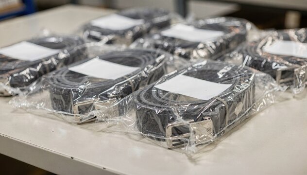 Medium shot showing shrinkwrapped kits combining belts and fasteners ready for distribution with clear labeling on each set.