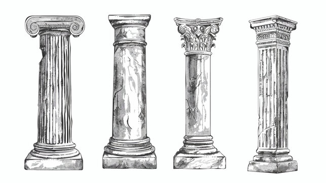 Four monochrome illustrations of ancient columns, each with a unique architectural style