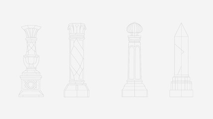 Fototapeta premium Line drawing illustration featuring four different stylized architectural columns, each with unique designs