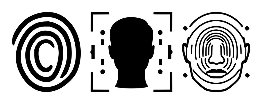 Facial recognition biometrics set with solid black icons on white background featuring biometric, facial recognition, scan with icons and graphics