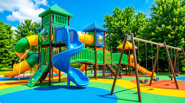 A vibrant multi-level playground structure features a blue spiral slide, yellow curved chutes, climbing walls, and metal swings for active children.
