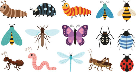 Insects collection vector set with butterfly bee ant ladybug dragonfly caterpillar and beetle, colorful bug illustration for nature education and biology design © Yevhenii creative