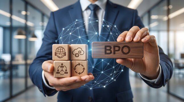Businessman holding wooden blocks spelling BPO with global network hologram