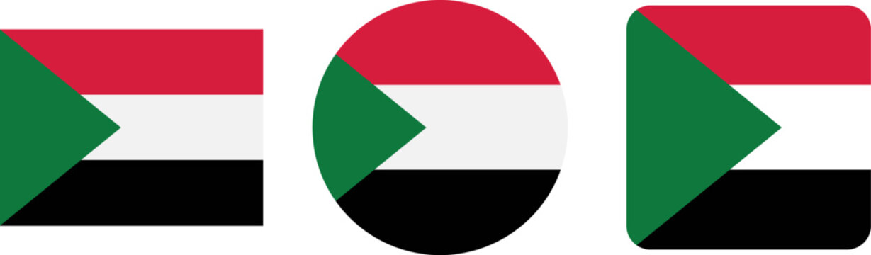 Sudan flag icons in square, circle and rounded square shapes isolated on white background