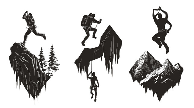 Black and white illustration of climbers in action, scaling mountains and rocks, adventure themes