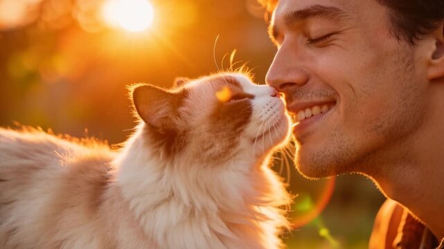 A man is petting a cat and smiling. The cat is white and fluffy. Scene is happy and affectionate