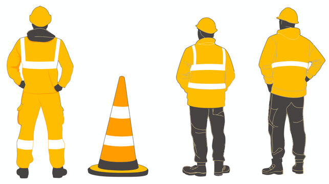 Illustration of workers in high-visibility clothing with safety cone, back view