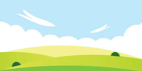 Flat Vector Landscape of Rolling Green Hills and White Clouds under Blue Sky.eps 10 © sumiati