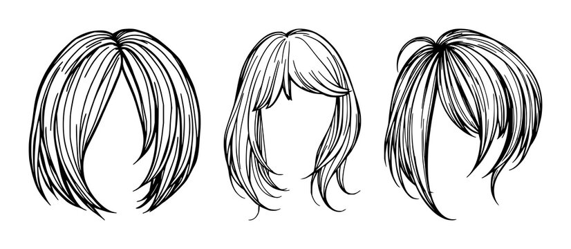 Wig set with black line art illustration on white background featuring hair, styling, fashion with line drawing and monochrome