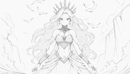 Fototapeta premium Anime queen with a spiked crown and birds in a mountain landscape coloring page 