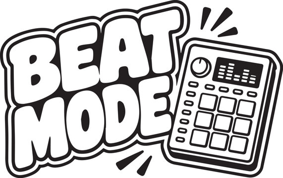 A stylized monochrome illustration of BEAT MODE text and a drum machine, perfect for music production.