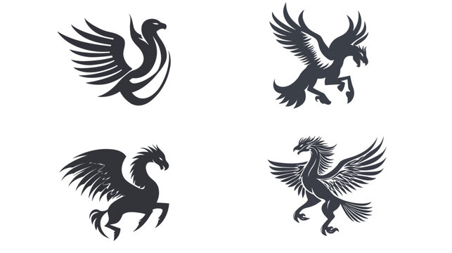 Four stylized mythological creature illustrations. Dark gray silhouettes on a white background