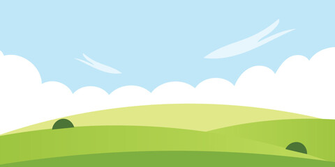 Flat Vector Landscape of Rolling Green Hills and White Clouds under Blue Sky. © sumiati