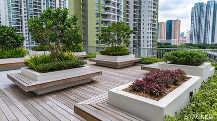 Obraz premium Modern Rooftop Terrace with Lush Greenery and Cityscape Views