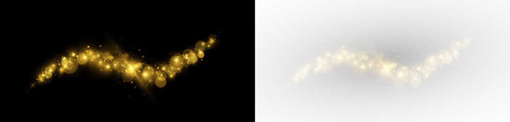 Golden light wave with sparkling particles and comet trail. Festive glowing dust with soft shimmer and magic effect. © FlammaChe