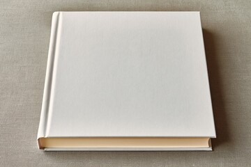 Fototapeta premium Blank white hardcover book lying flat on a textured surface, ready for custom design and branding