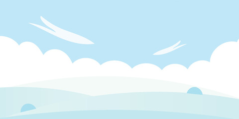 landscape cartoon scene with green hills and white cloud in summer blue sky background © sumiati
