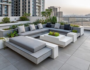 Obraz premium Modern Rooftop Terrace Lounge Area with Contemporary Modular Seating and Cityscape Views