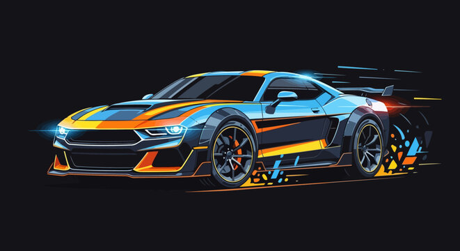 Vibrant modern sports car illustration featuring blue, orange, and yellow accents with motion effects on a dark background, ideal for racing and gaming concepts.