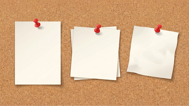 Set of blank white sticky notes pinned with red push pins on a brown cork board background.