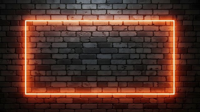 Bright orange neon rectangle frame glowing on dark brick wall background.