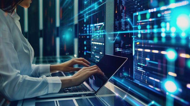IT engineer designs data infrastructure, pipeline development and integration via laptop, building data processing system and warehouse with big data and cloud computing for enterprise IT architecture