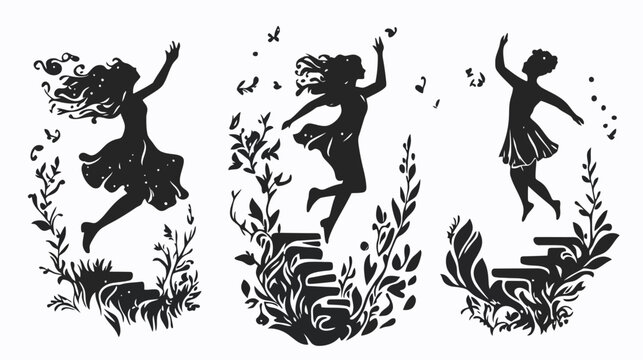 Three stylized, silhouetted figures of women dancing, encircled by floral and stair-like motifs