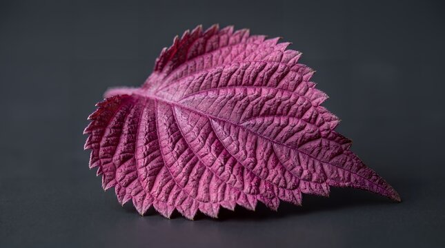 Fresh purple shiso perilla leaf on dark background macro photography