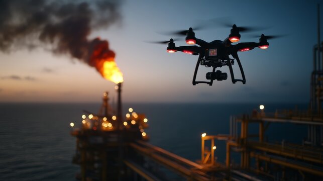 Drone monitoring emissions at offshore oil rig industrial site aerial photography twilight environment high-tech overview