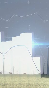 Vertical video: Sky graph rising, starting white blocks shifting, black curve mapping over turbines
