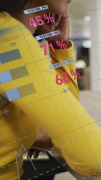 Vertical video: Woman lifting phone, cupping chin in biz, starting bars sliding 45% 71% 68% pie map