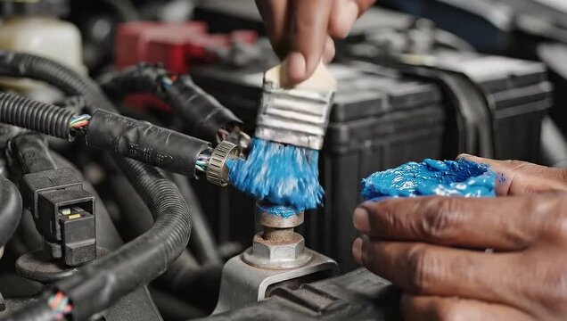 Applying Dielectric Grease to Car Battery Terminals for Maintenance.