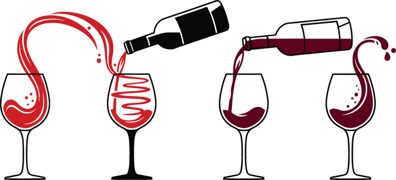 Stylized vector illustration of red wine pouring into glasses with dynamic splash motion, modern minimal design for beverage, winery, celebration, and drink concepts