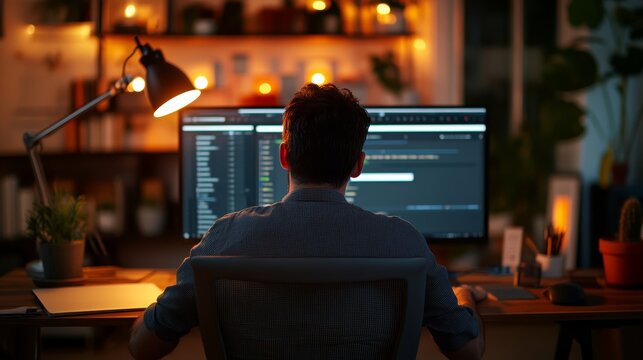 Coding session in a dimly lit home office programmer focused on screens nighttime professional environment introspective view