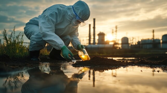 Environmental scientist collecting soil samples at industrial site urban area photography sunset reflections close-up perspective pollution awareness