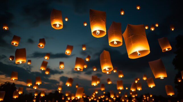 Serene lantern release celebrating tradition asian festival night sky cultural event aerial view illuminating hopes