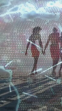 Vertical video: Surfer with board walking shore, causing dot grid revealing map contours for travel