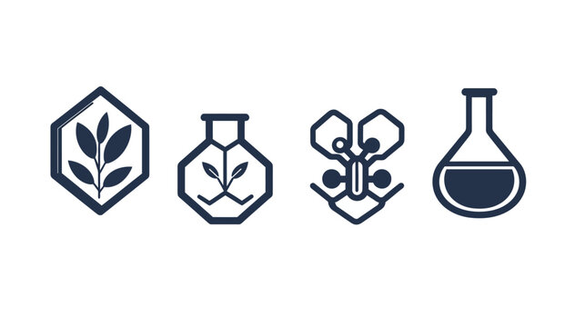 Collection of stylized icons featuring botanical elements and laboratory glassware, set against a white backdrop