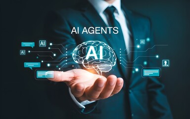 Fototapeta premium Businessman holding AI agents concept, artificial intelligence brain and futuristic technology in hand.