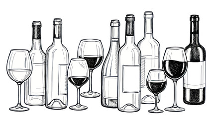 Naklejka premium Hand Drawn Wine Bottles and Glasses Collection