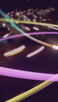 Vertical video: Purple cyan ribbons sweeping night triggered by bokeh blink shifting to mimic cars