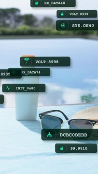 Vertical video: Camera panning right starting HUD tags grouping near bottle centering hat, shades