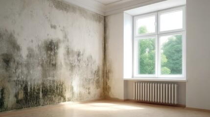 Fototapeta premium A Neglected Room with Moldy Walls and Bright Windows Capturing the Raw Essence of Abandonment and Desolation in Interior Spaces