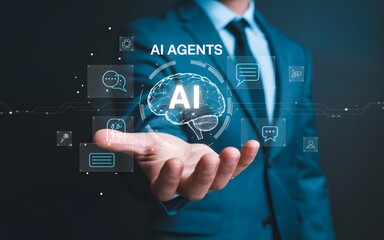 Naklejka premium Businessman holding hologram of ai brain for artificial intelligence concept.