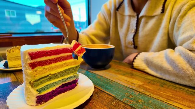 Woman eats fresh baked homemade Rainbow cake with coffee