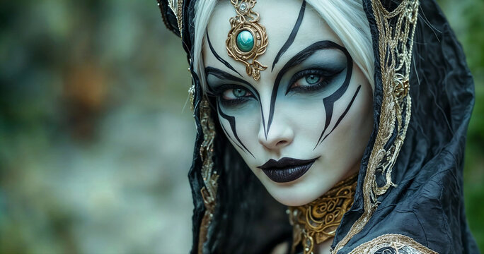 Pale-faced dark priestess with a face painted with magical patterns on blurred background. Masquerade, roleplay games and witchcraft concept. Fantasy portrait 