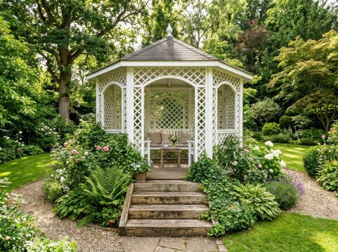 White Wooden Garden Gazebo in Lush Landscaped Backyard with Summer Flowers. Luxury Pavilion and Outdoor Seating Area for Relaxation in Serene Green Garden Setting.