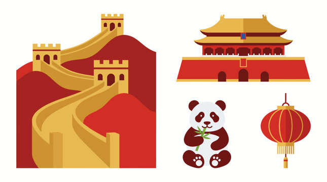 Illustrative Collection of Famous Chinese Landmarks and Symbols Featuring the Great Wall, Tiananmen Gate, Panda, and Lantern